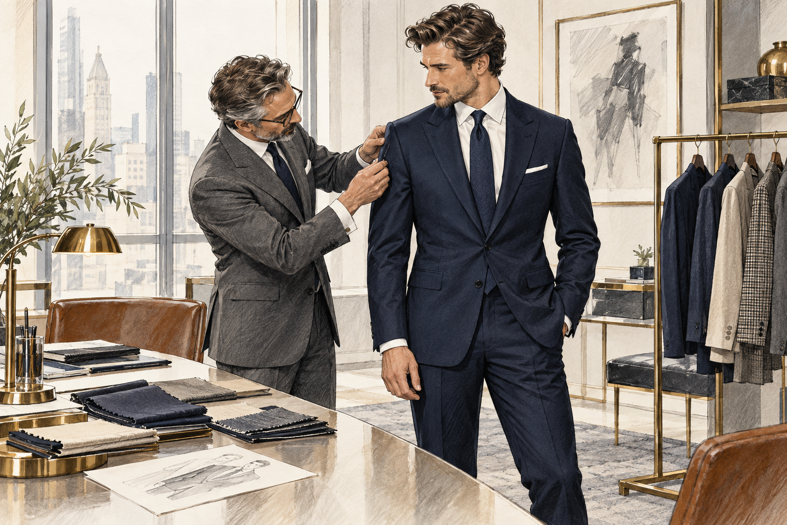 Ilustração de um consultor ajustando o paletó de um homem em um ambiente profissional