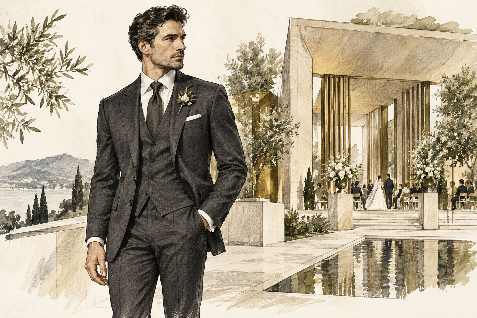 Ilustração de um homem de terno em uma cerimônia contemporânea