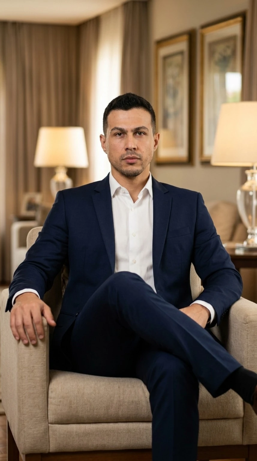 Adhan Brunhago em traje social azul-marinho